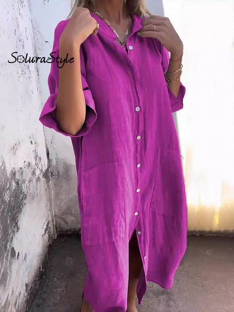Women’s Casual Loose Stylish Solid Color Cotton And Linen Shirt Dress Purple / S