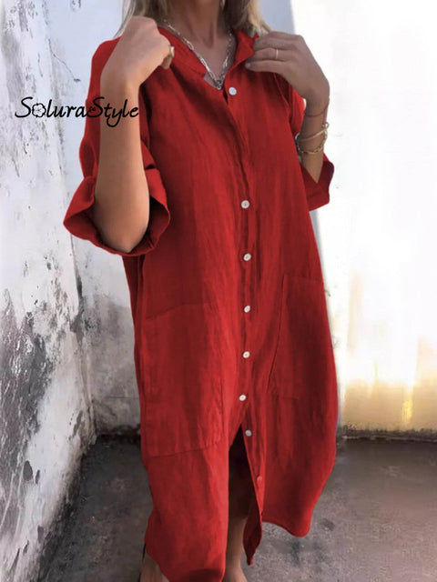 Women’s Casual Loose Stylish Solid Color Cotton And Linen Shirt Dress Red / S