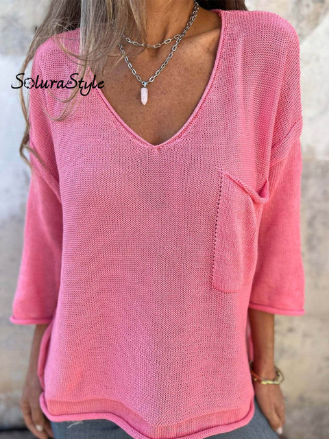 Women’s Casual Loose V-Neck Long Sleeve Pocket Knitted Sweater