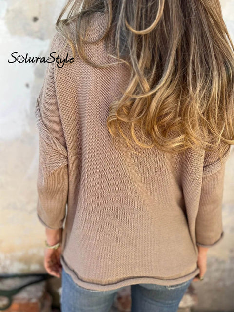 Women’s Casual Loose V-Neck Long Sleeve Pocket Knitted Sweater