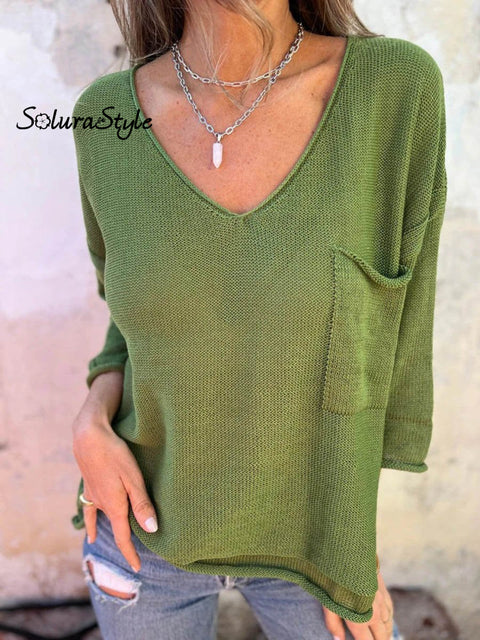Women’s Casual Loose V-Neck Long Sleeve Pocket Knitted Sweater