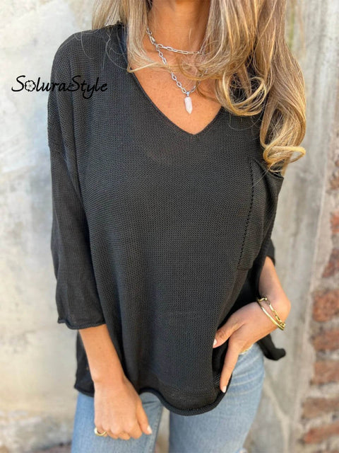 Women’s Casual Loose V-Neck Long Sleeve Pocket Knitted Sweater