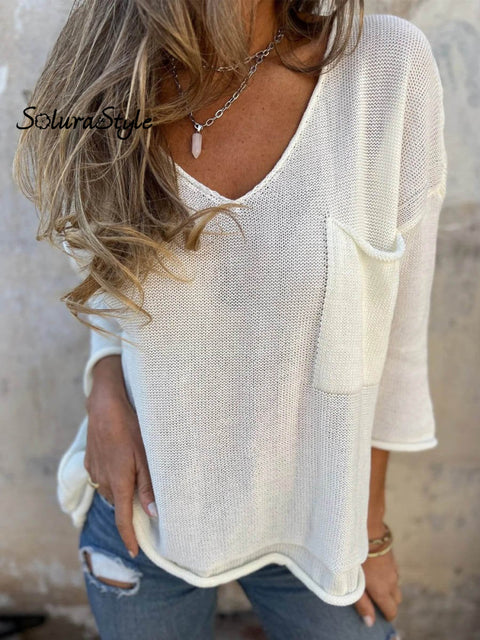 Women’s Casual Loose V-Neck Long Sleeve Pocket Knitted Sweater