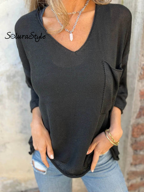 Women’s Casual Loose V-Neck Long Sleeve Pocket Knitted Sweater Black / S