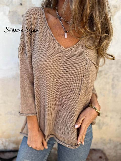 Women’s Casual Loose V-Neck Long Sleeve Pocket Knitted Sweater Khaki / S