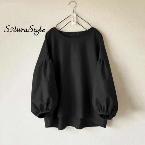 Women’s casual round neck long sleeve loose retro shirt S / Black
