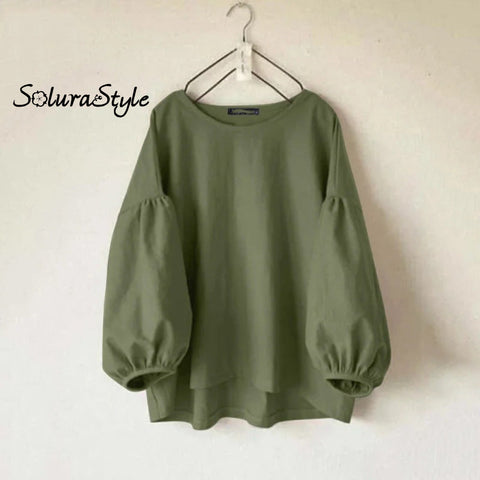 Women’s casual round neck long sleeve loose retro shirt S / Dark Green