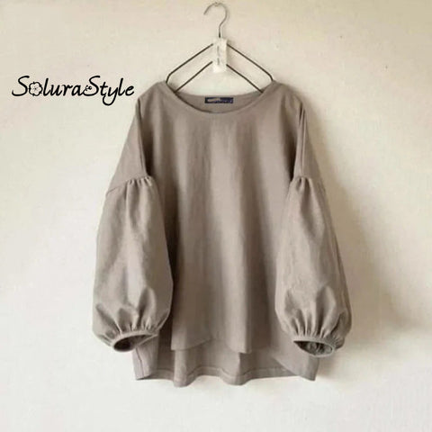 Women’s casual round neck long sleeve loose retro shirt S / Khaki