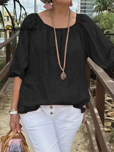 Women’s Casual Solid Color Round Neck Pullover Cotton And Linen Shirt Black / S
