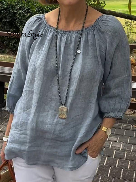 Women’s Casual Solid Color Round Neck Pullover Cotton And Linen Shirt Darkgray / S