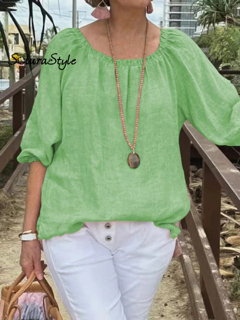 Women’s Casual Solid Color Round Neck Pullover Cotton And Linen Shirt Green / S