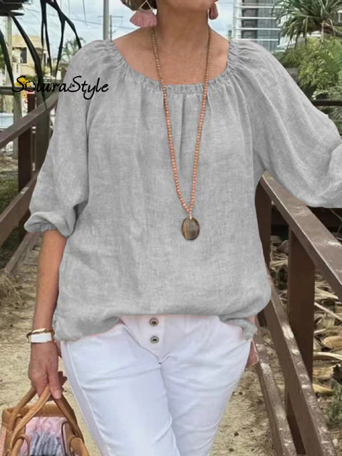 Women’s Casual Solid Color Round Neck Pullover Cotton And Linen Shirt Lightgray / S
