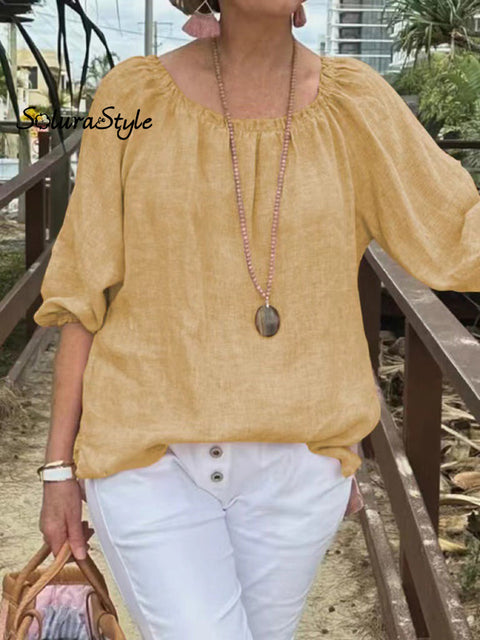 Women’s Casual Solid Color Round Neck Pullover Cotton And Linen Shirt Mustardyellow / S