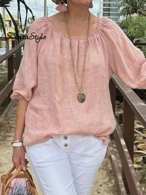 Women’s Casual Solid Color Round Neck Pullover Cotton And Linen Shirt Pink / S