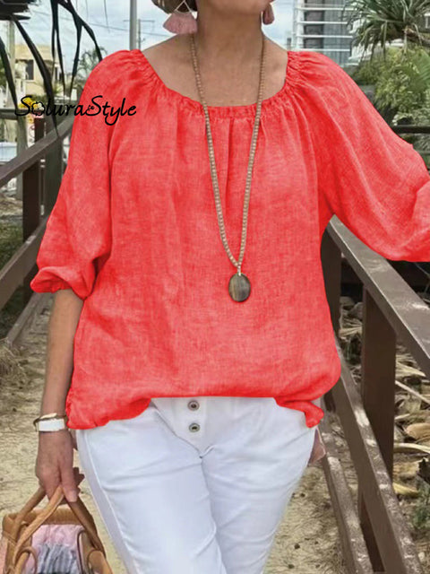 Women’s Casual Solid Color Round Neck Pullover Cotton And Linen Shirt Red / S