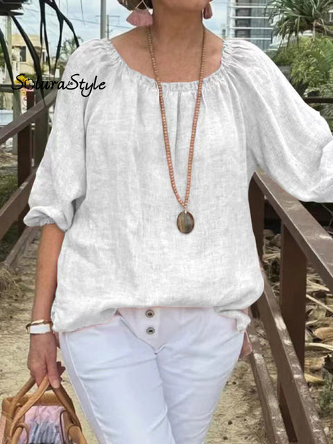 Women’s Casual Solid Color Round Neck Pullover Cotton And Linen Shirt White / S