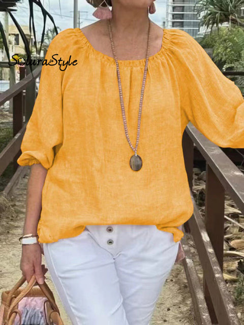 Women’s Casual Solid Color Round Neck Pullover Cotton And Linen Shirt Yellow / S