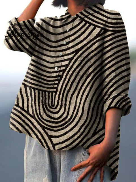 Women’s Circular Line Pattern Print Casual Cotton And Linen Shirt