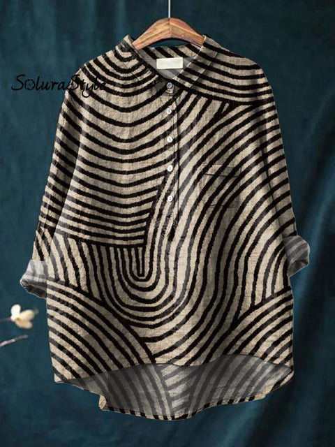 Women’s Circular Line Pattern Print Casual Cotton And Linen Shirt Multicolor / S
