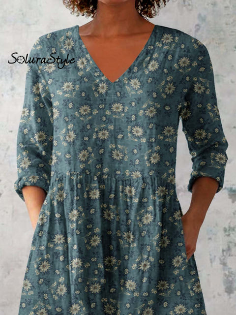 Women’s Classic Round Neck Floral Pattern Cotton and Linen Top