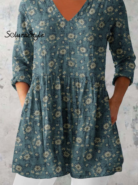 Women’s Classic Round Neck Floral Pattern Cotton and Linen Top