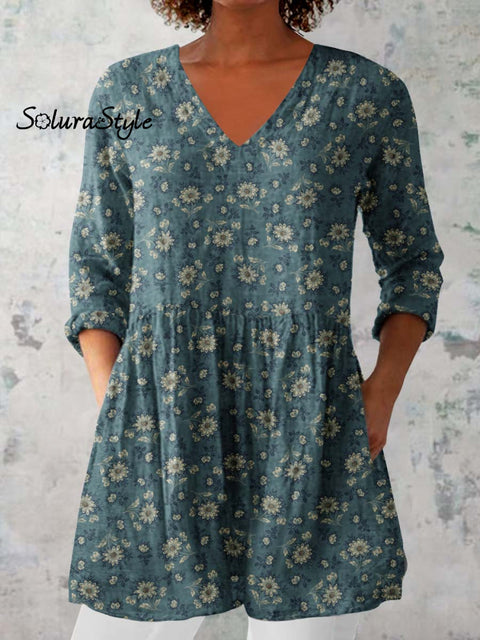 Women’s Classic Round Neck Floral Pattern Cotton and Linen Top Blue / S