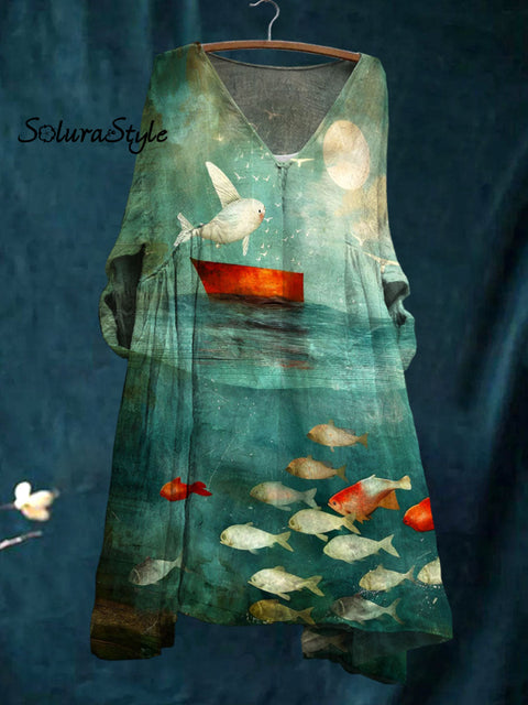 Women’s Classical Koi Art Print Pocket V-Neck Cotton Dress Multicolor / S