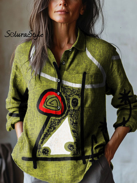 Women’s Color Abstract Art Print Casual Cotton And Linen Shirt Multicolor / S