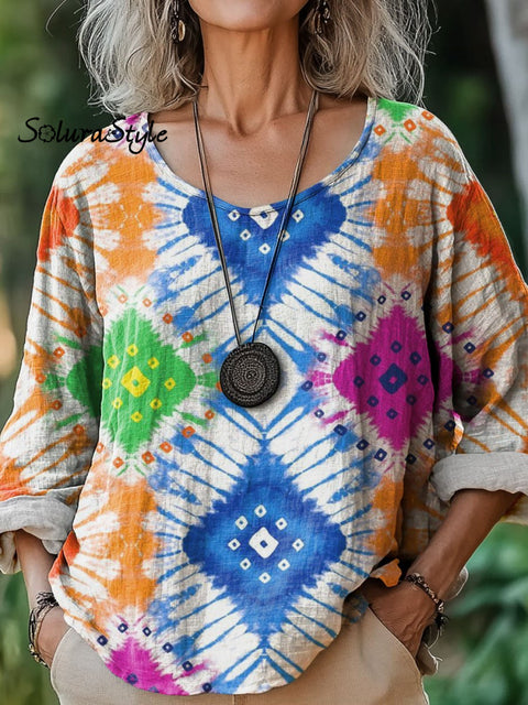 Women’s Color Block Art Print Casual Cotton And Linen Shirt Multicolor / S