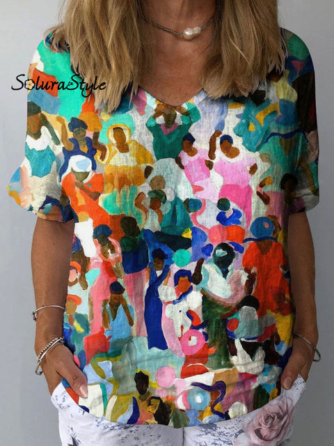 Women’s Colorful Abstract Art Print Casual Cotton And Linen Shirt Multicolor / S