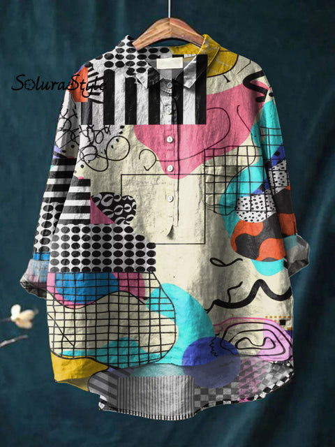 Women’s Colorful Abstract Art Print Casual Cotton And Linen Shirt Multicolor / S