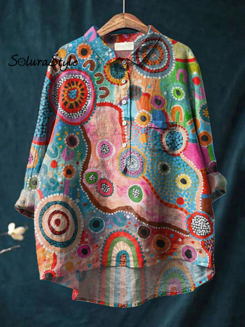 Women’s Colorful Abstract Dot Art Print Casual Cotton And Linen Shirt Multicolor / S