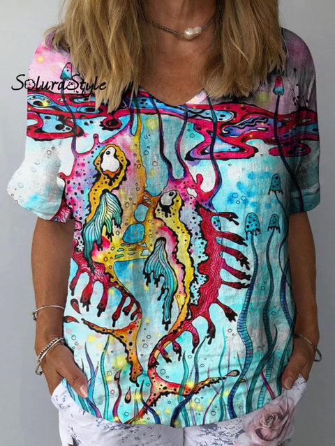 Women’s Colorful Abstract Fish Art Print Casual Cotton And Linen Shirt Multicolor / S