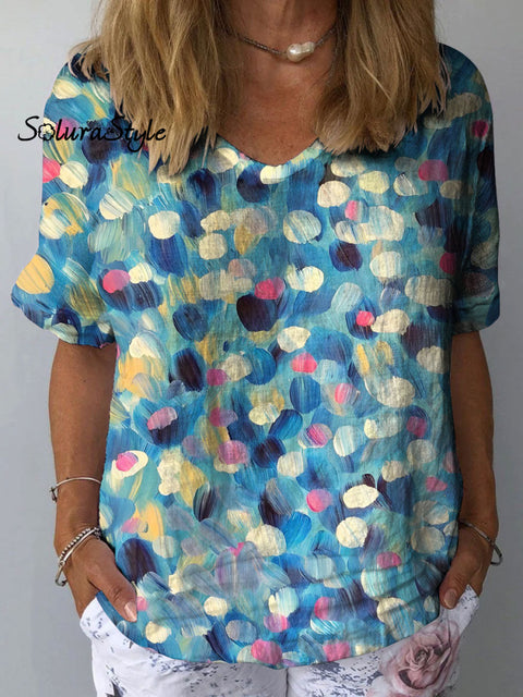Women’s Colorful Abstract Oil Painting Art Print Casual Cotton And Linen Shirt Multicolor / S