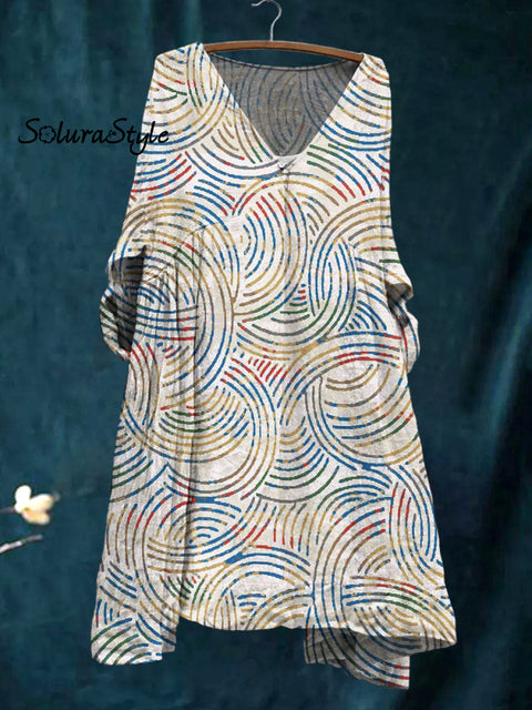 Women’s Colorful Arc Art Print Pocket V-Neck Cotton Dress Multicolor / S