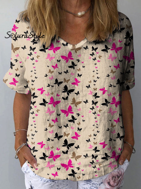 Women’s Colorful Butterfly Art Print Casual Cotton And Linen Shirt Multicolor / S