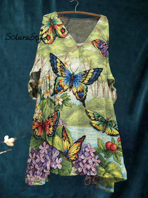Women’s Colorful Butterfly Art Print Pocket V-Neck Cotton Dress Multicolor / S