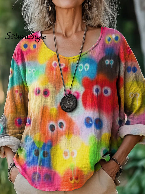 Women’s Colorful Cute Art Print Casual Cotton And Linen Shirt Multicolor / S