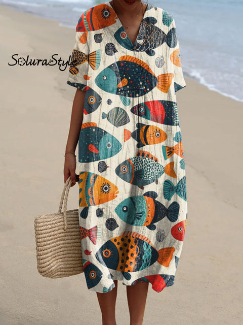Women’s Colorful Fish Art Print Flowy Dress Multicolor / S