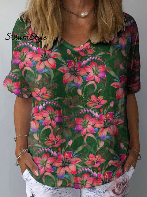 Women’s Colorful Flower Art Print Casual Cotton And Linen Shirt Multicolor / S