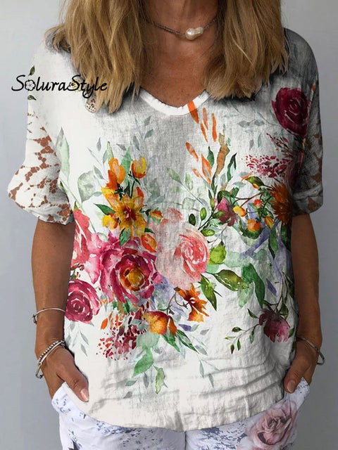 Women’s Colorful Flower Art Print Casual Cotton And Linen Shirt Multicolor / S