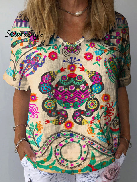 Women’s Colorful Flower Art Print Casual Cotton And Linen Shirt Multicolor / S