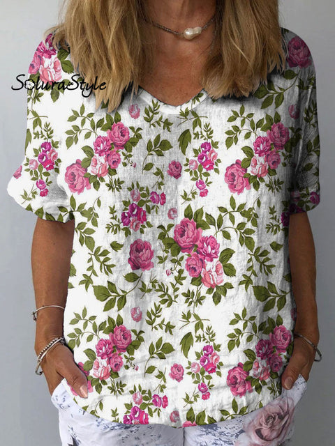 Women’s Colorful Flower Art Print Casual Cotton And Linen Shirt Multicolor / S