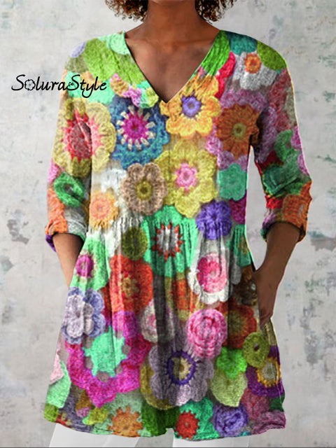 Women’s Colorful Flower Art Print Casual Linen V-neck Shirt Multicolor / S