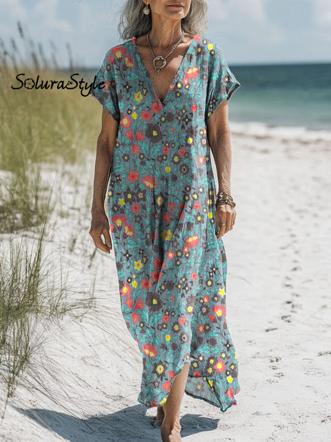 Women’s Colorful Flower Art Print Pocket Cotton Dress Multicolor / S