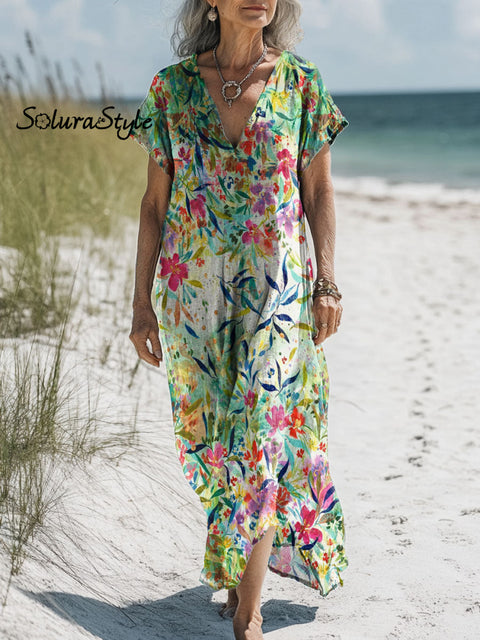 Women’s Colorful Flower Art Print Pocket Cotton Dress Multicolor / S