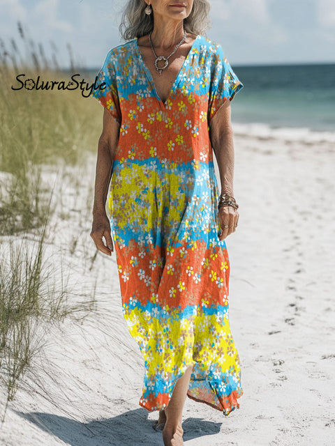 Women’s Colorful Flower Art Print Pocket Cotton Dress Multicolor / S