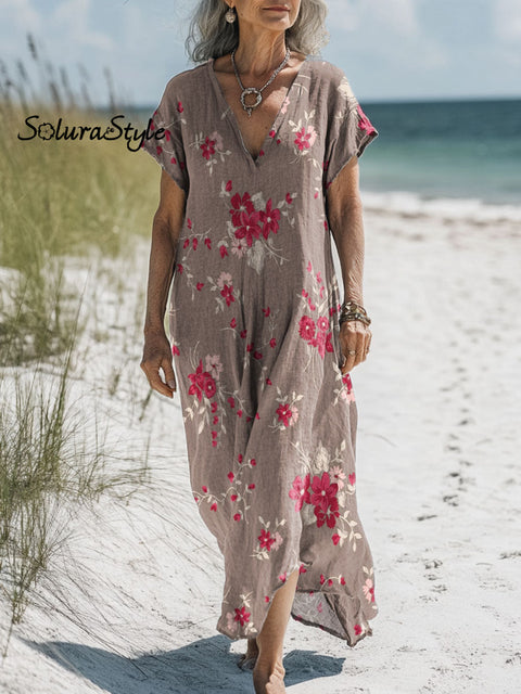 Women’s Colorful Flower Art Print Pocket Cotton Dress Multicolor / S