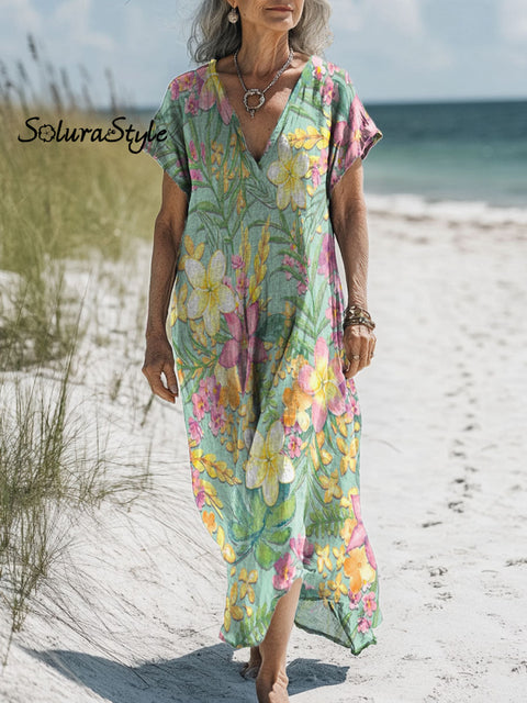 Women’s Colorful Flower Art Print Pocket Cotton Dress Multicolor / S