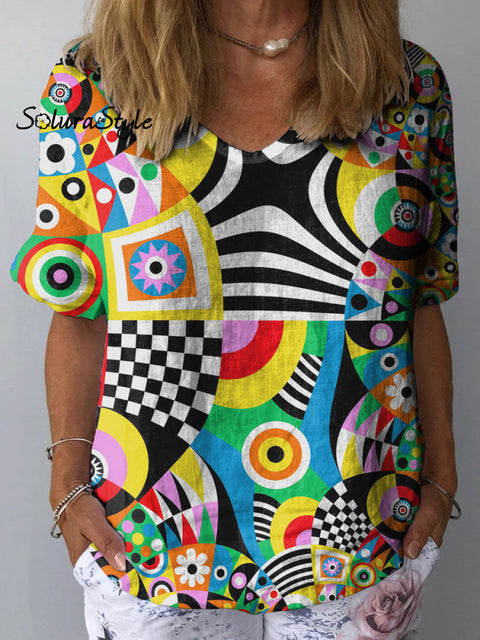Women’s Colorful Geometric Art Print Casual Cotton And Linen Shirt Multicolor / S
